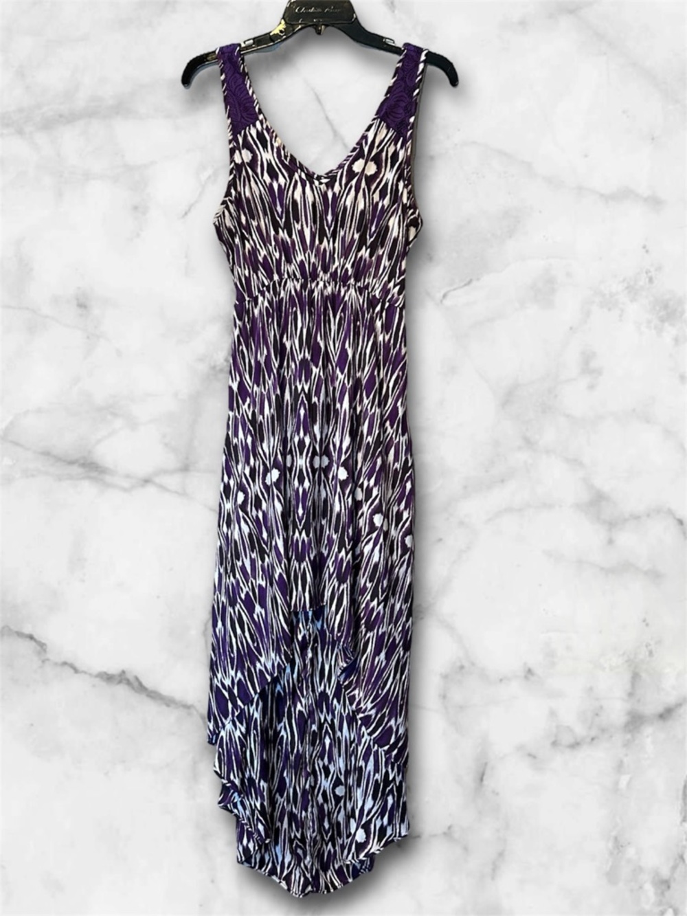Express High-Low Maxi Dress Purple Ikat Print Lace Back Cutout V-Neck Size M - Picture 6 of 14